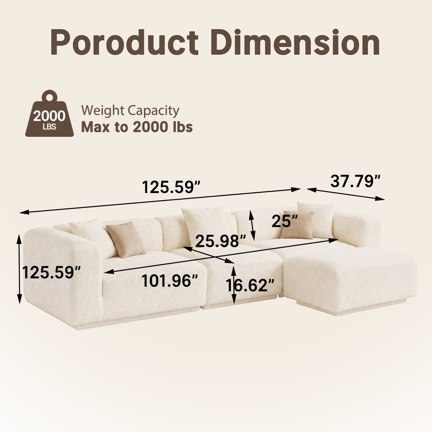 Modern modular combination 125.59-inch sofa - L-shaped reclining sofa, no assembly required, with a load capacity of 2000 pounds