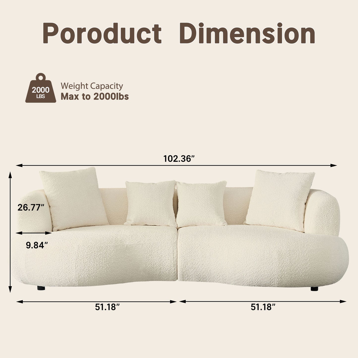 White curved modular sectional sofa - 102 inches, equipped with four cushions, solid wood frame,boucle fabric, maximum load capacity of 2000 pounds, suitable for various scenarios such as living room, apartment, bedroom, etc
