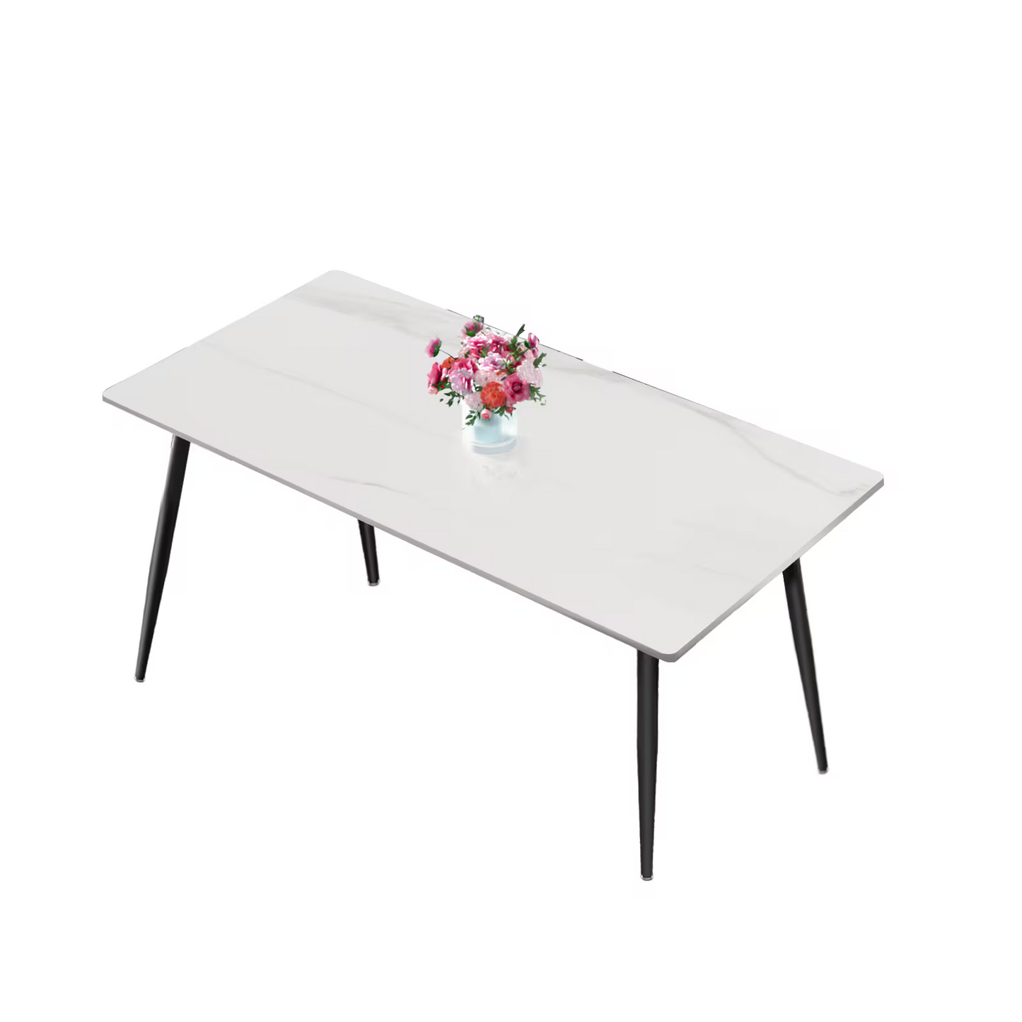 63 Inch Sintered Stone Dining Table, Gloss White Top with Carbon Steel Legs