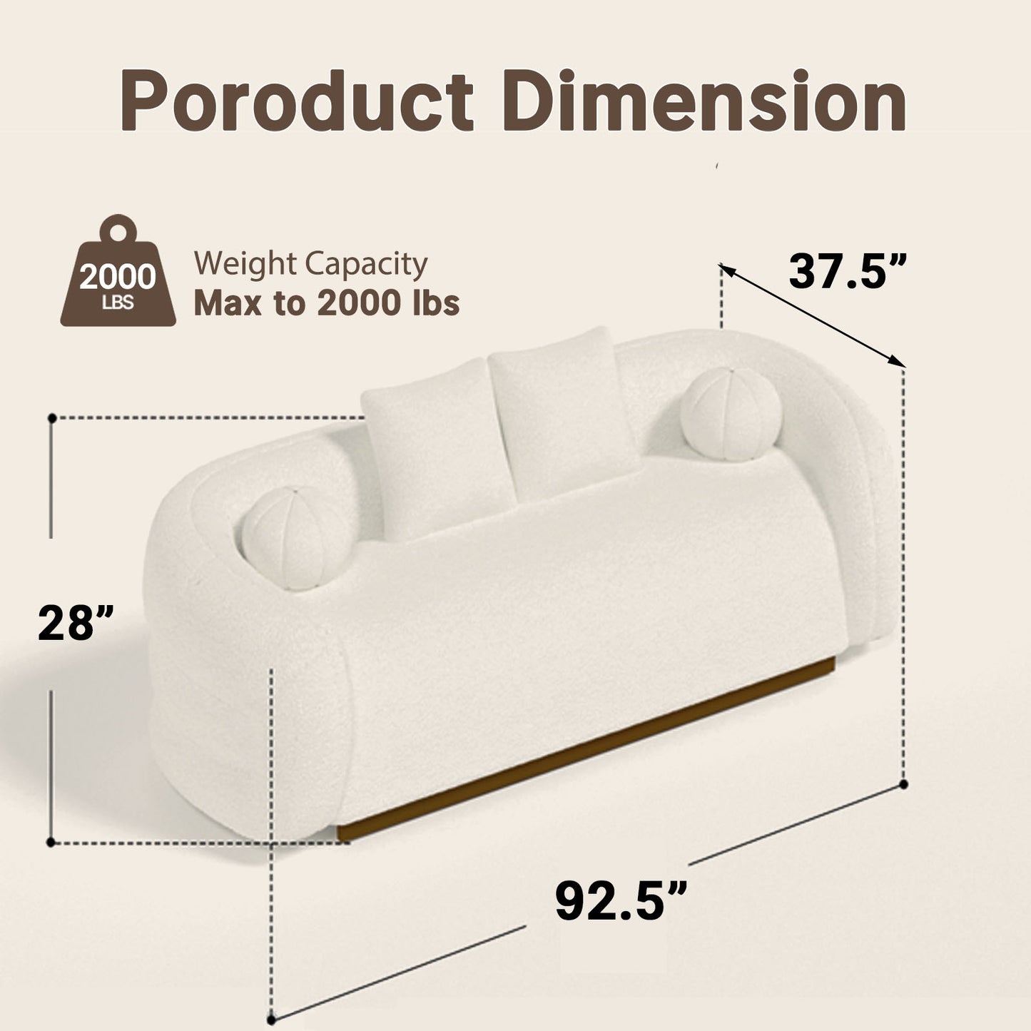 92.5-inch three-seater sofa with cushions, fabric rings, wooden frame, comfortable sofa bed for living room or bedroom, white, with a load capacity of 2000 pounds.