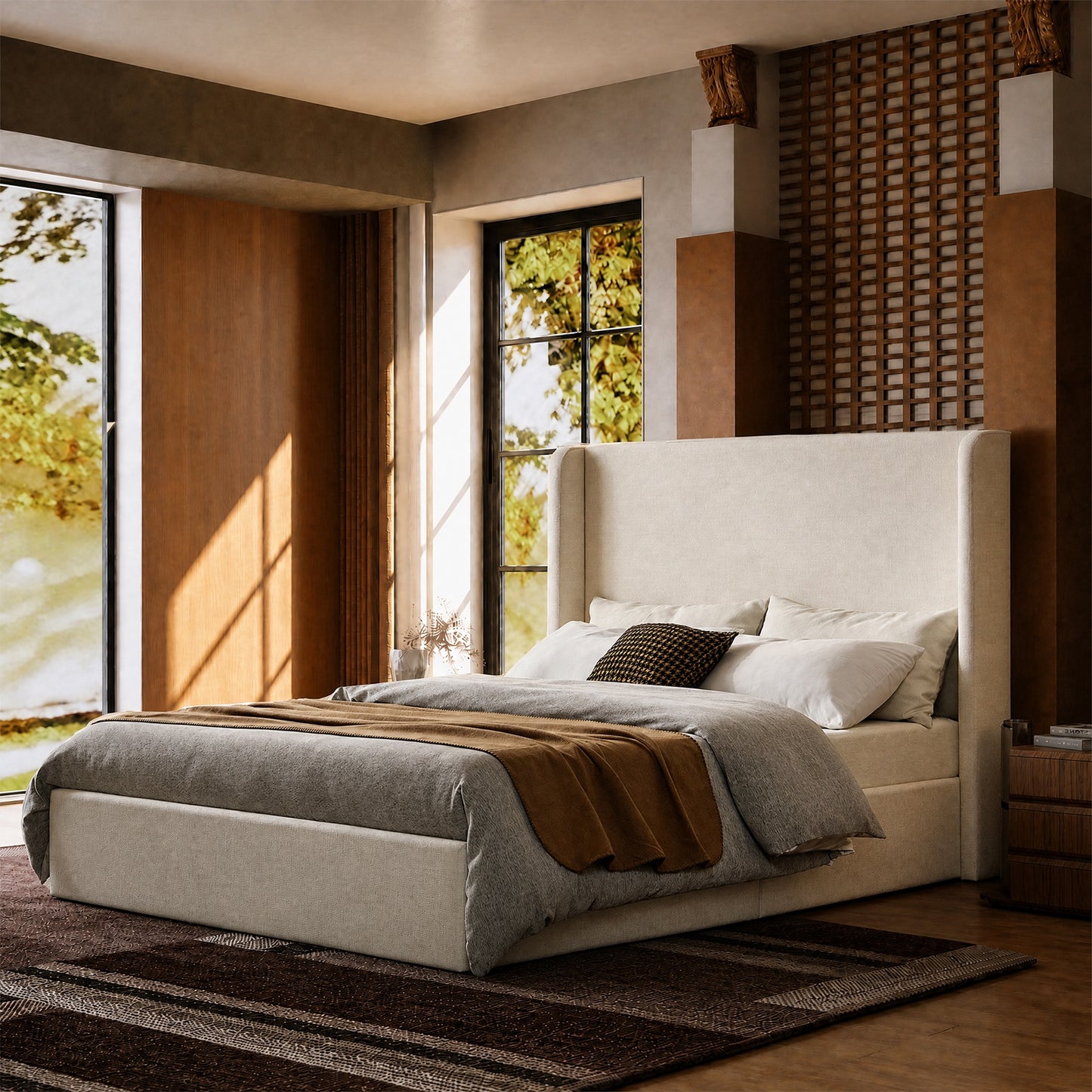 Medieval Minimal Tall Wing Cloud Boucle Queen Bed Frame