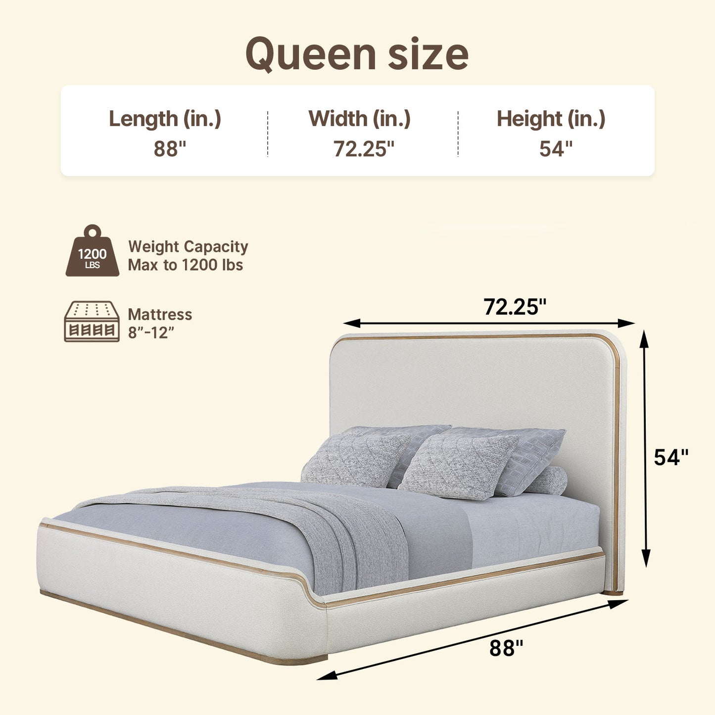 Rounded Gold-Trim Texture Fabric High-Weight Platform Bed