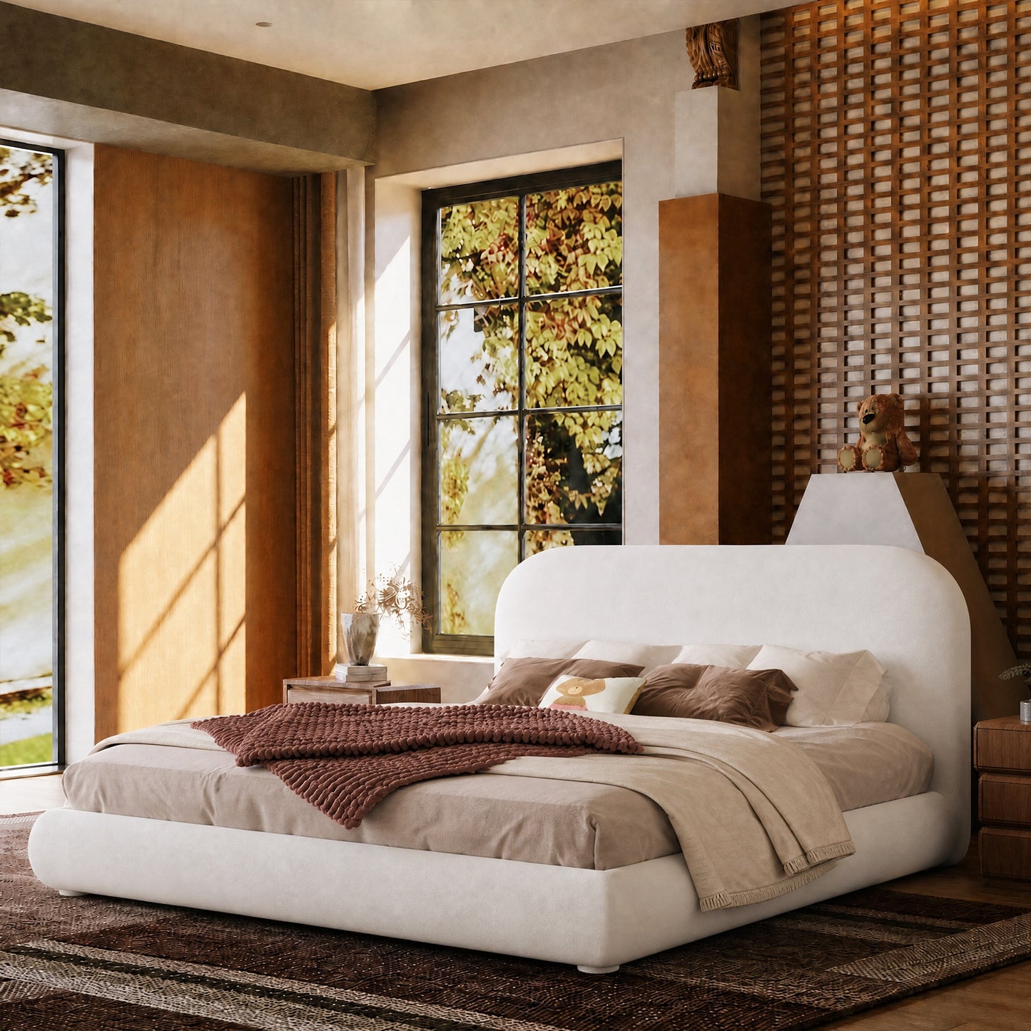 Queen French Minimalist Curved Boucle Bed Frame