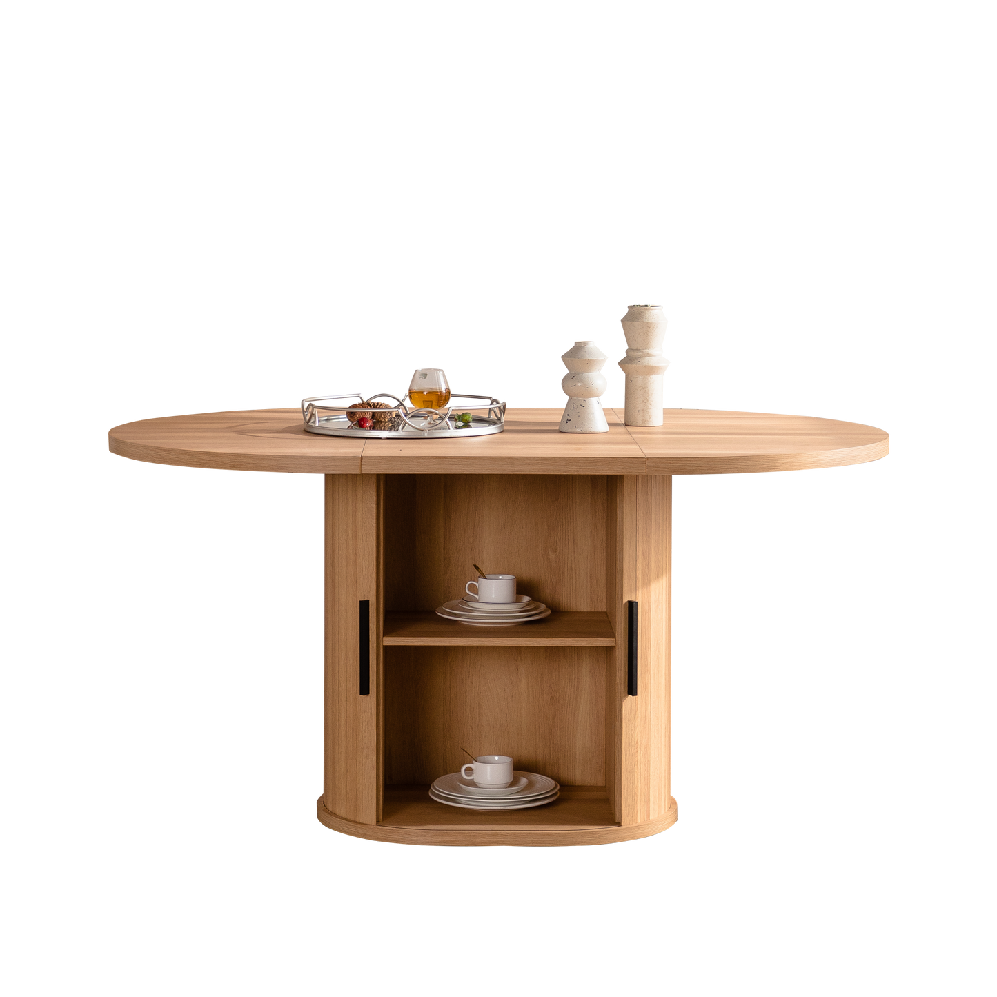 59 Inch Oval Dining Table with 2-Layer Storage Shelf and Wood Slide Door