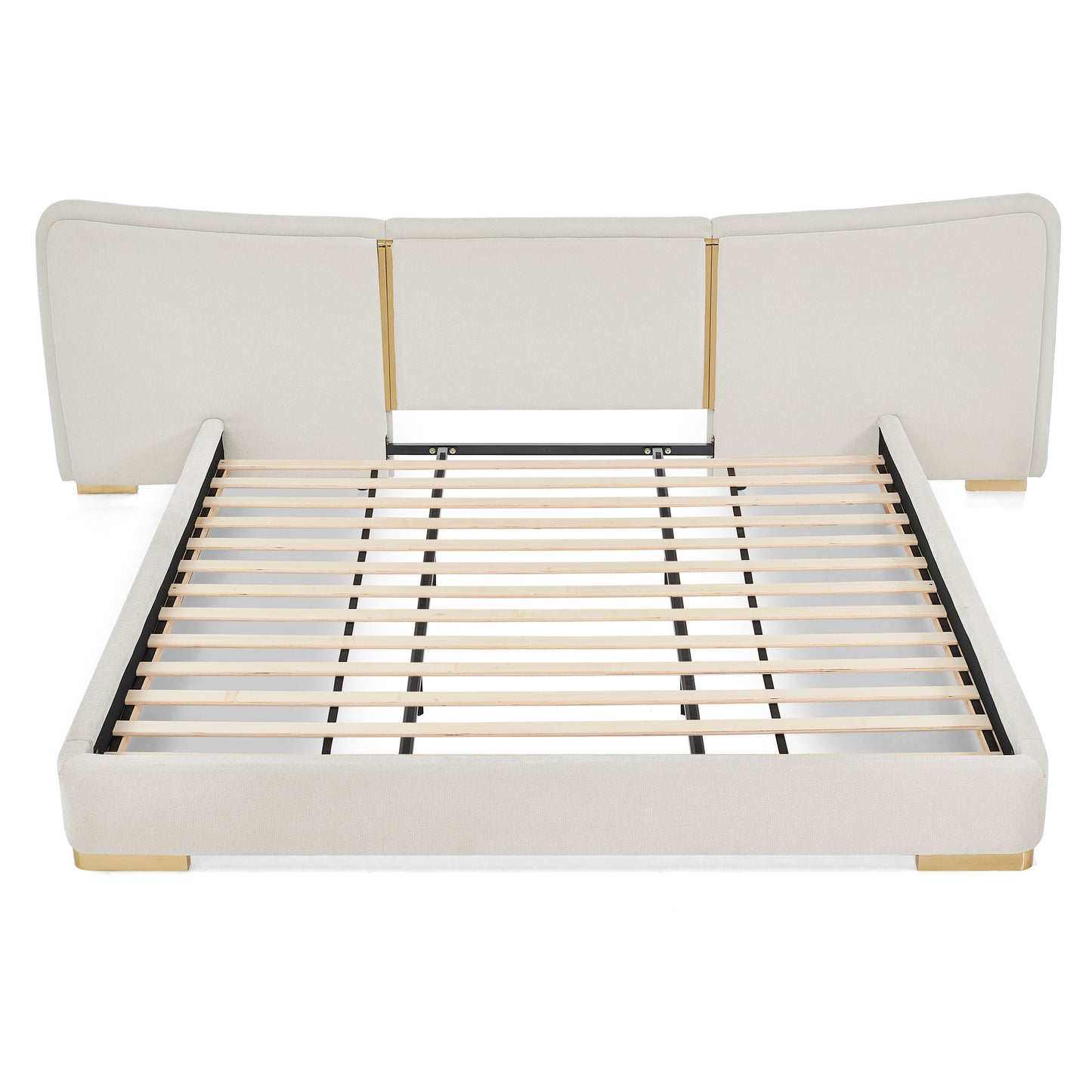 3-Panel Curved Platform Bed Gold Strips Low Profile Wood Slats Luxury Assembly