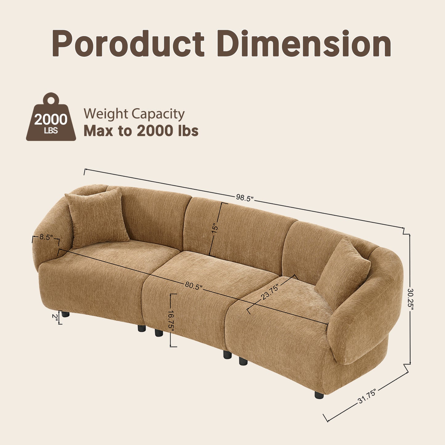 98.5-inch modular three-seater sofa - with two throw pillows, solid wood frame, capable of supporting 2000 pounds, brown color scheme