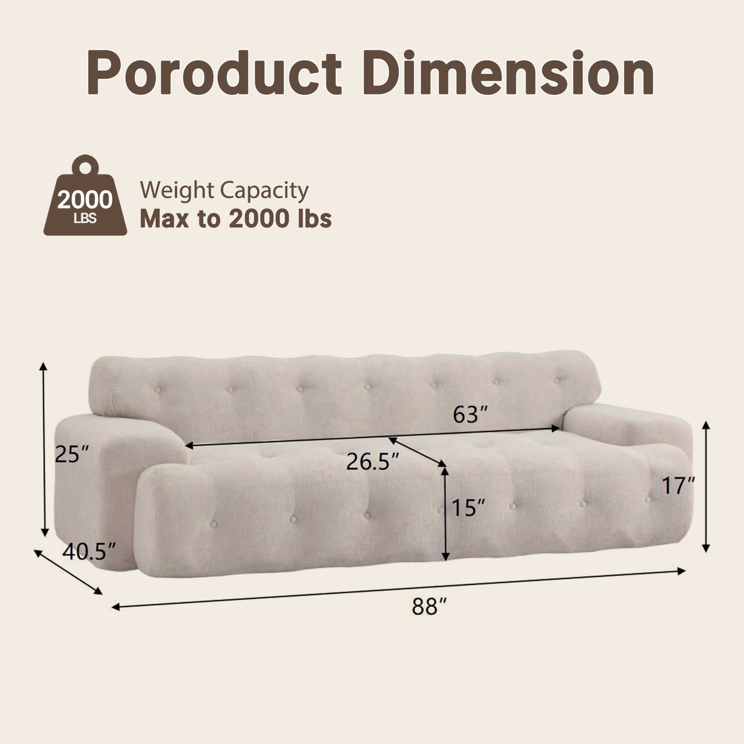 White 88-inch cloud sofa with armrests, capable of supporting 2000 pounds, no assembly required, a comfortable and relaxing recliner, suitable for living rooms and bedrooms.