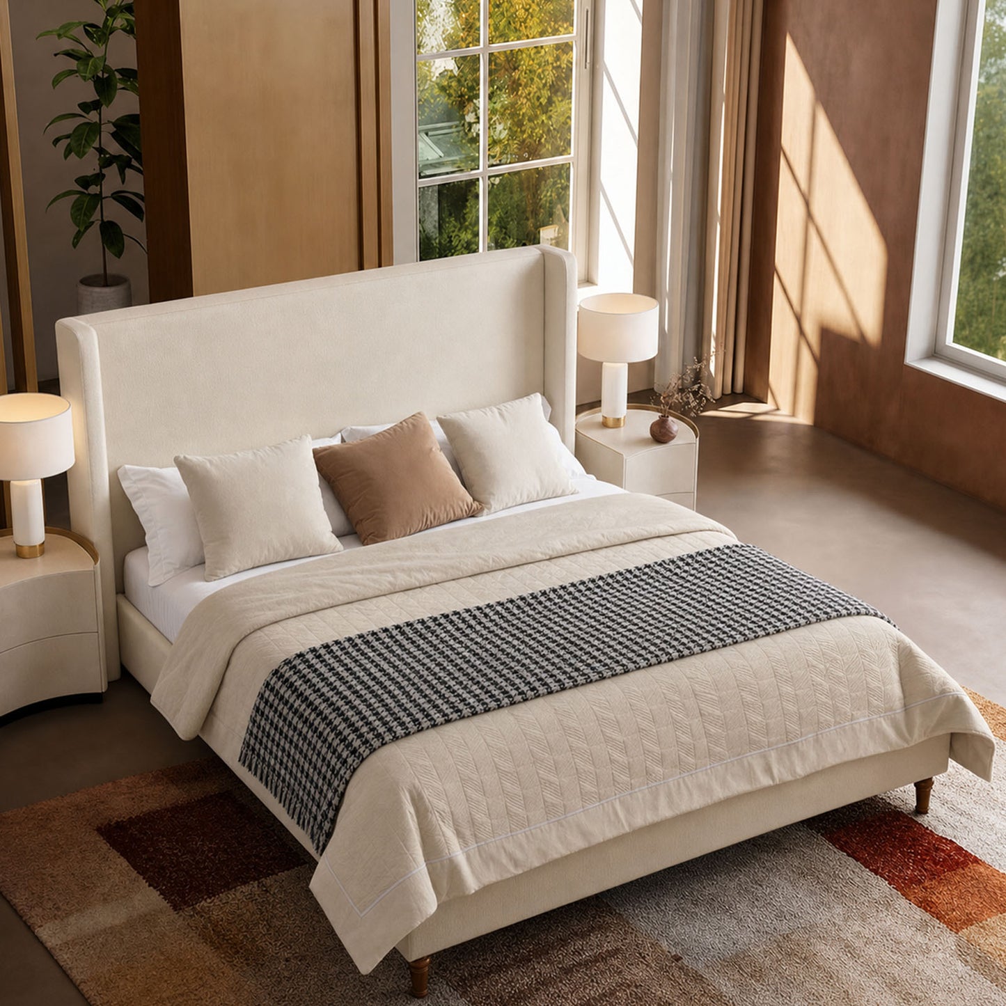 54" Wingback Bouclé Loop-Yarn High-Headboard King Bed