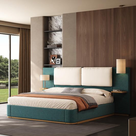 Modern Minimal Side Shelf Cloud Plush Boucle Queen Bed Frame