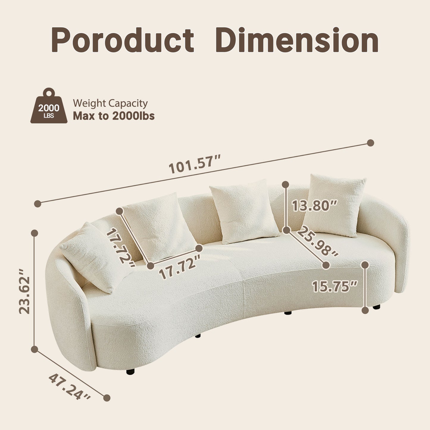 White Boucle 101.57" Oversized sofa Couch – Lounge Sleeper, Wood Frame,four person cushions, 2000lbs