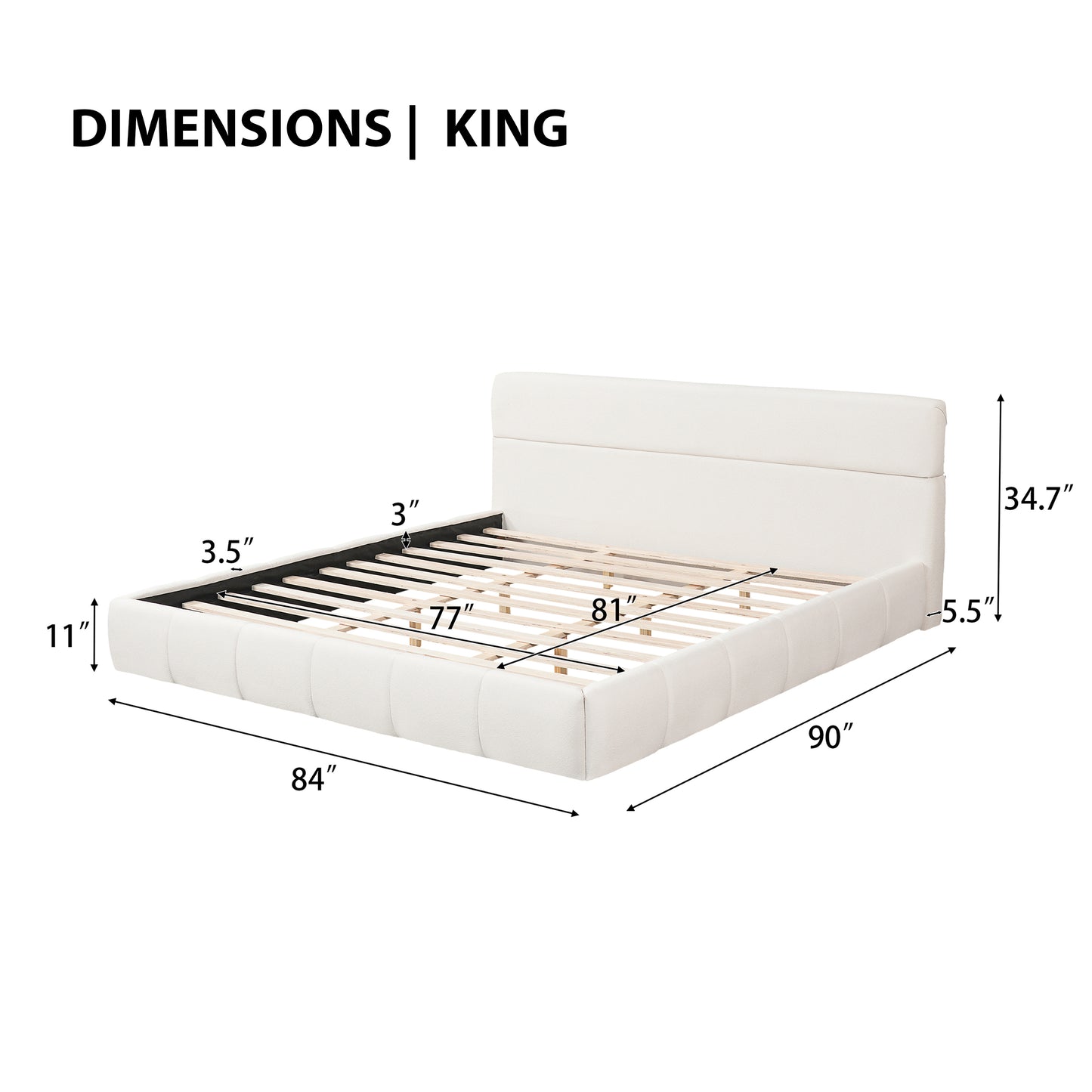 Boucle Puff Segmented Bed Double Headboard Cloud Style Wood Slats Cream Minimalist Assembly