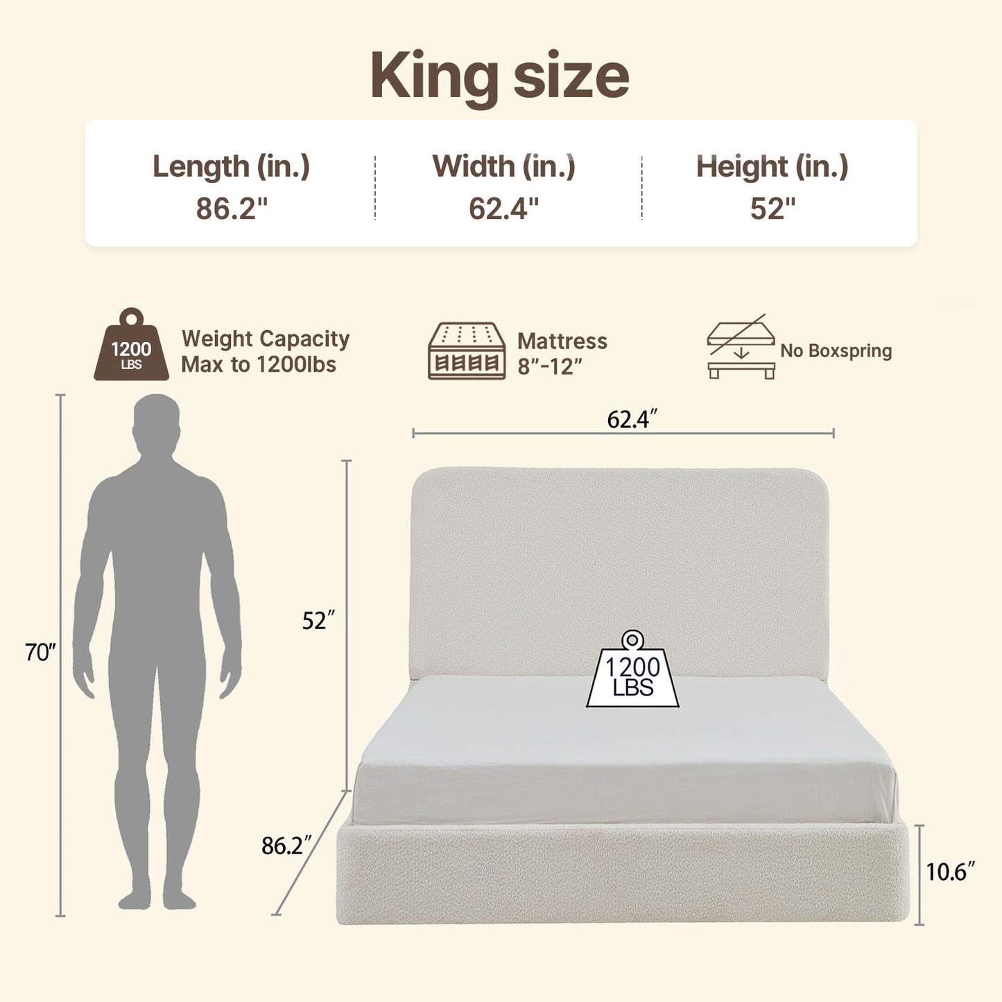 52" Tall Curved Chenille Silent Platform King Bed