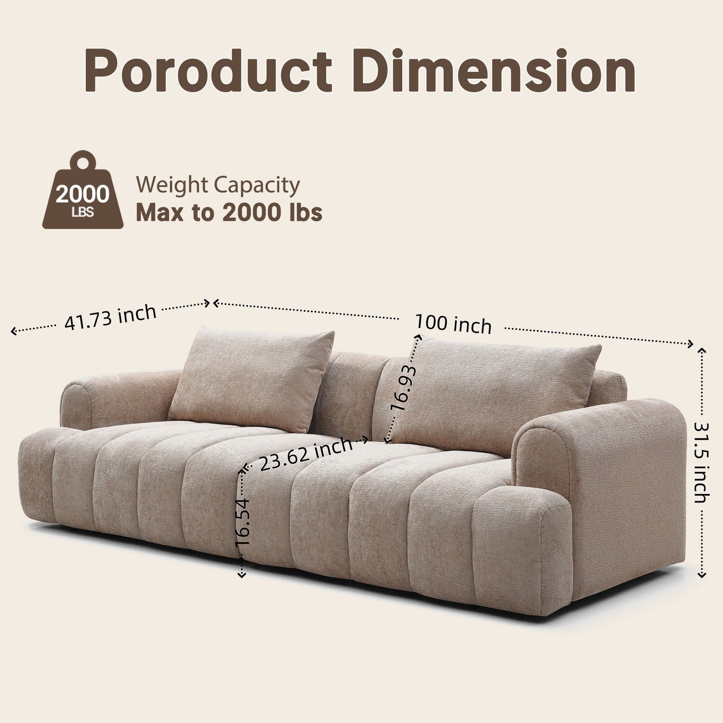 100-Inch Beige Vertical Stitching 3-Seater Sofa, Modern Bouclé Upholstered Sofa, Equipped with 2 Throw Pillows and a 2000-Pound Load-Bearing Wooden Frame