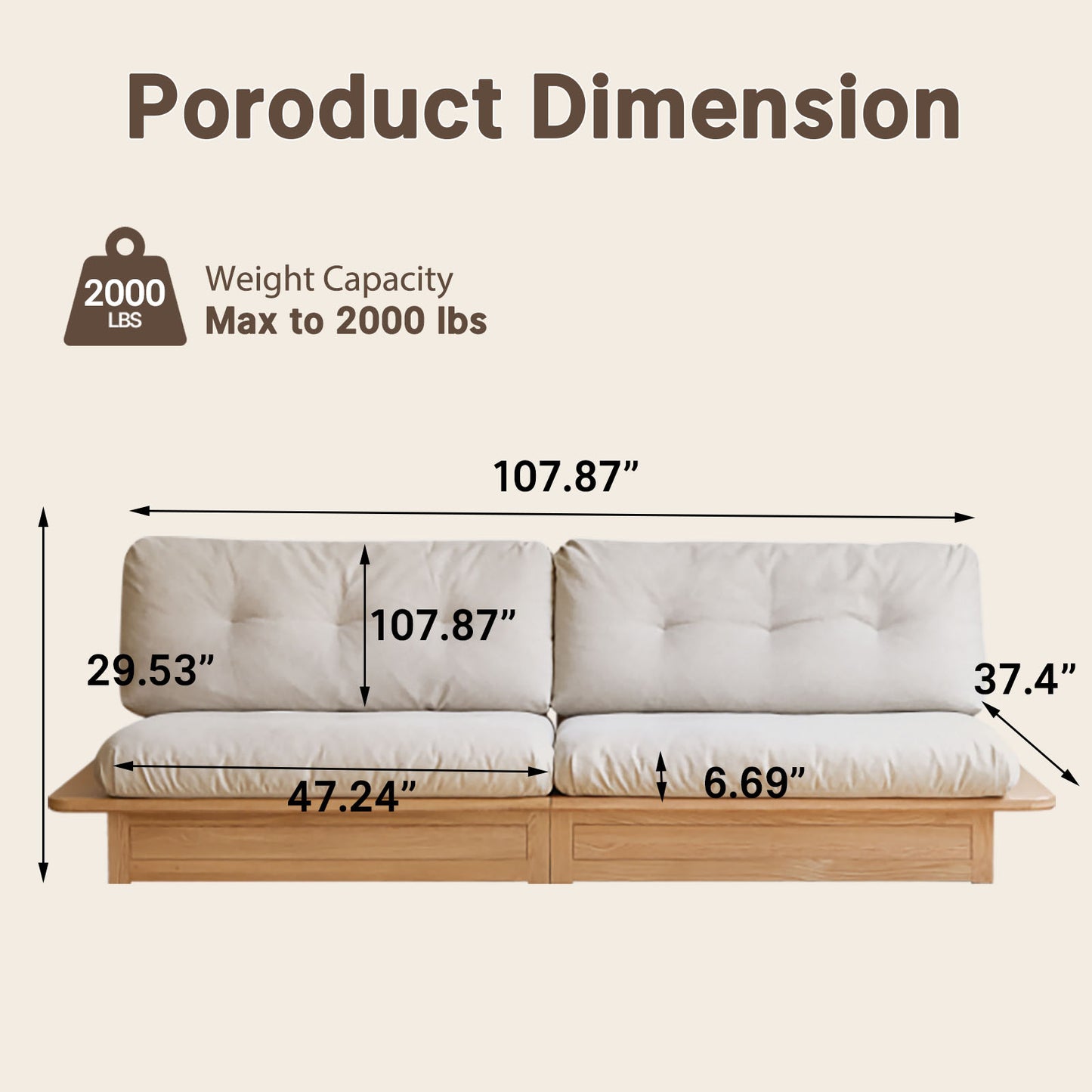 107.87" Natural Solid Wood Frame 3-Seater Modular Sofa, Cream Tufted Linen Floor Cushion Couch, Low Profile Japandi Sofa Max 2000 LBS for Living Room