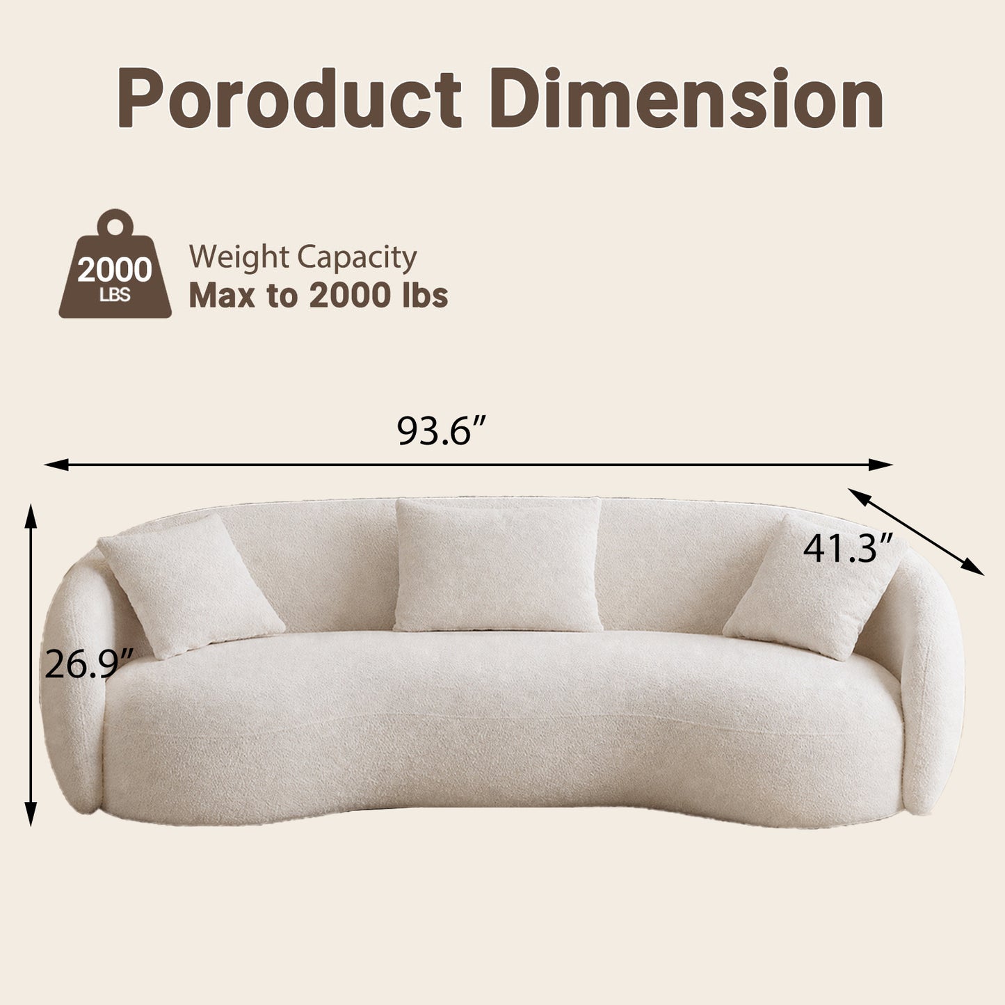 White Boucle Fabric 93.6" 3-Seater Sofa – Lounge Sleeper with Solid Wood Framem,No assembly required.