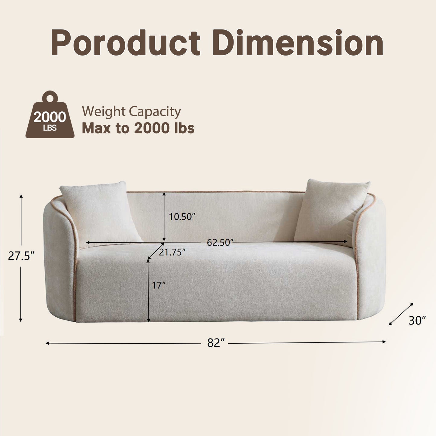 82-inch white lambskin 2-seater row sofa, curved armrest, minimalist style fabric sofa, 2000-pound high load-bearing, small-sized minimalist cloud-shaped sofa, no assembly required