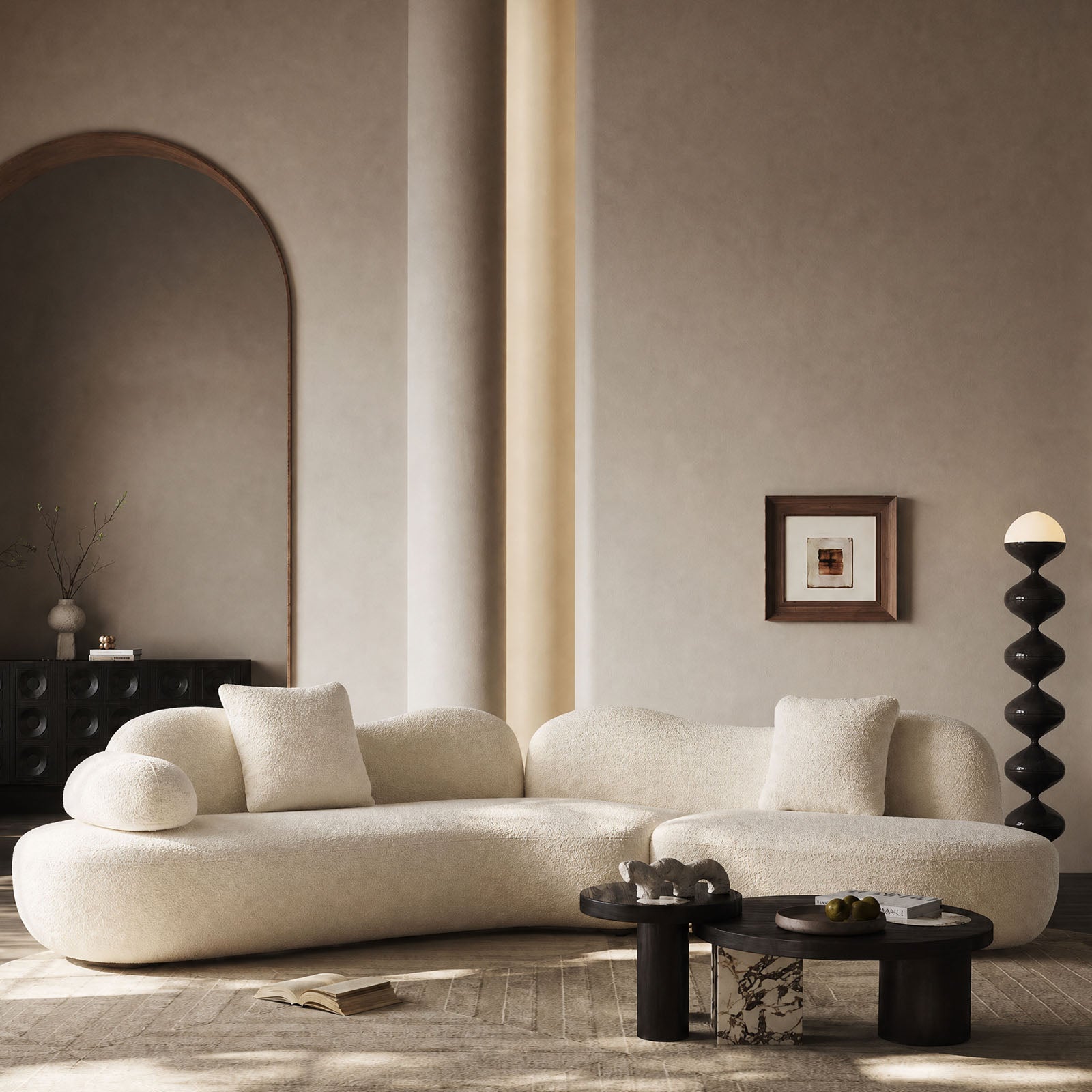 127.95"Modern Curved Modular Sofa | Boucle 5-Seater Crescent Shape with Butterfly Backrest – White Curved Sofa for Living Room & Office, Full Curves Design