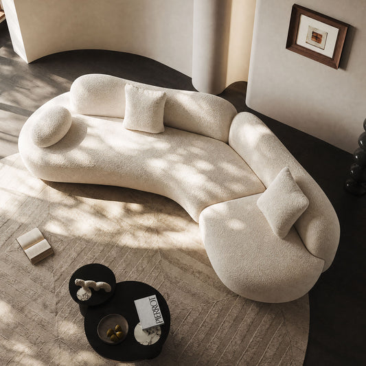 127.95"Modern Curved Modular Sofa | Boucle 5-Seater Crescent Shape with Butterfly Backrest – White Curved Sofa for Living Room & Office, Full Curves Design