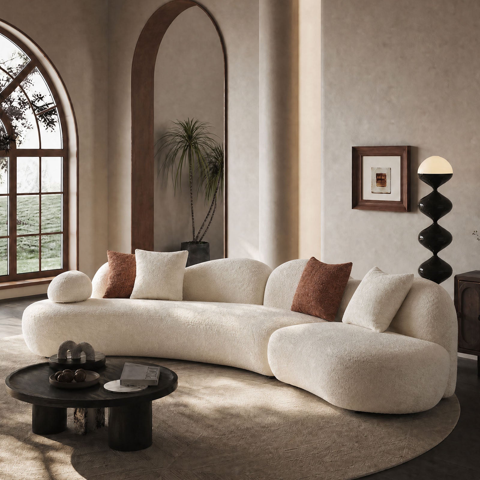 127.95"Modern Curved Modular Sofa | Boucle 5-Seater Crescent Shape with Butterfly Backrest – White Curved Sofa for Living Room & Office, Full Curves Design