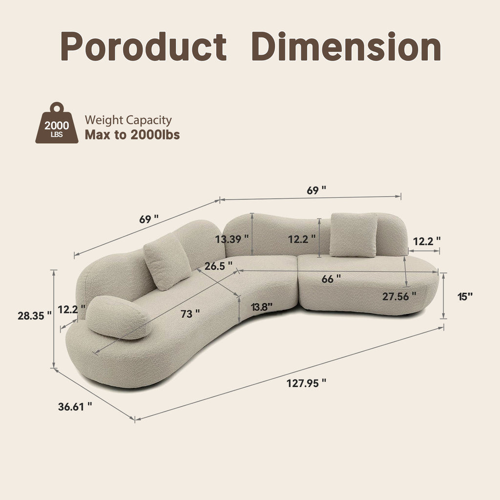 127.95"Modern Curved Modular Sofa | Boucle 5-Seater Crescent Shape with Butterfly Backrest – White Curved Sofa for Living Room & Office, Full Curves Design