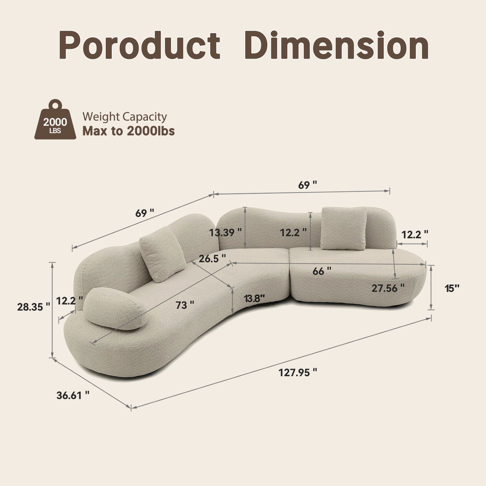 127.95"Modern Curved Modular Sofa | Boucle 5-Seater Crescent Shape with Butterfly Backrest – White Curved Sofa for Living Room & Office, Full Curves Design
