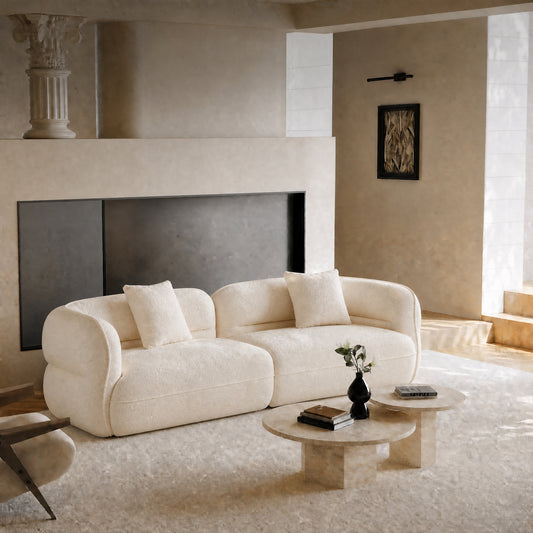 toast sectional sofa, 110.23 inches long, arc armrest anti-collision design, teddy velvet fabric, solid wood frame with high density sponge filling, tool-free assembly, includes 2 throw pillows, 2000 lbs weight capacity.