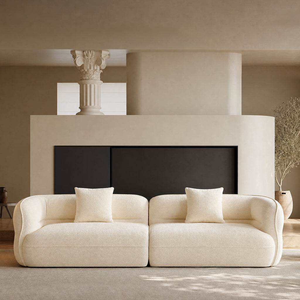 toast sectional sofa, 110.23 inches long, arc armrest anti-collision design, teddy velvet fabric, solid wood frame with high density sponge filling, tool-free assembly, includes 2 throw pillows, 2000 lbs weight capacity.