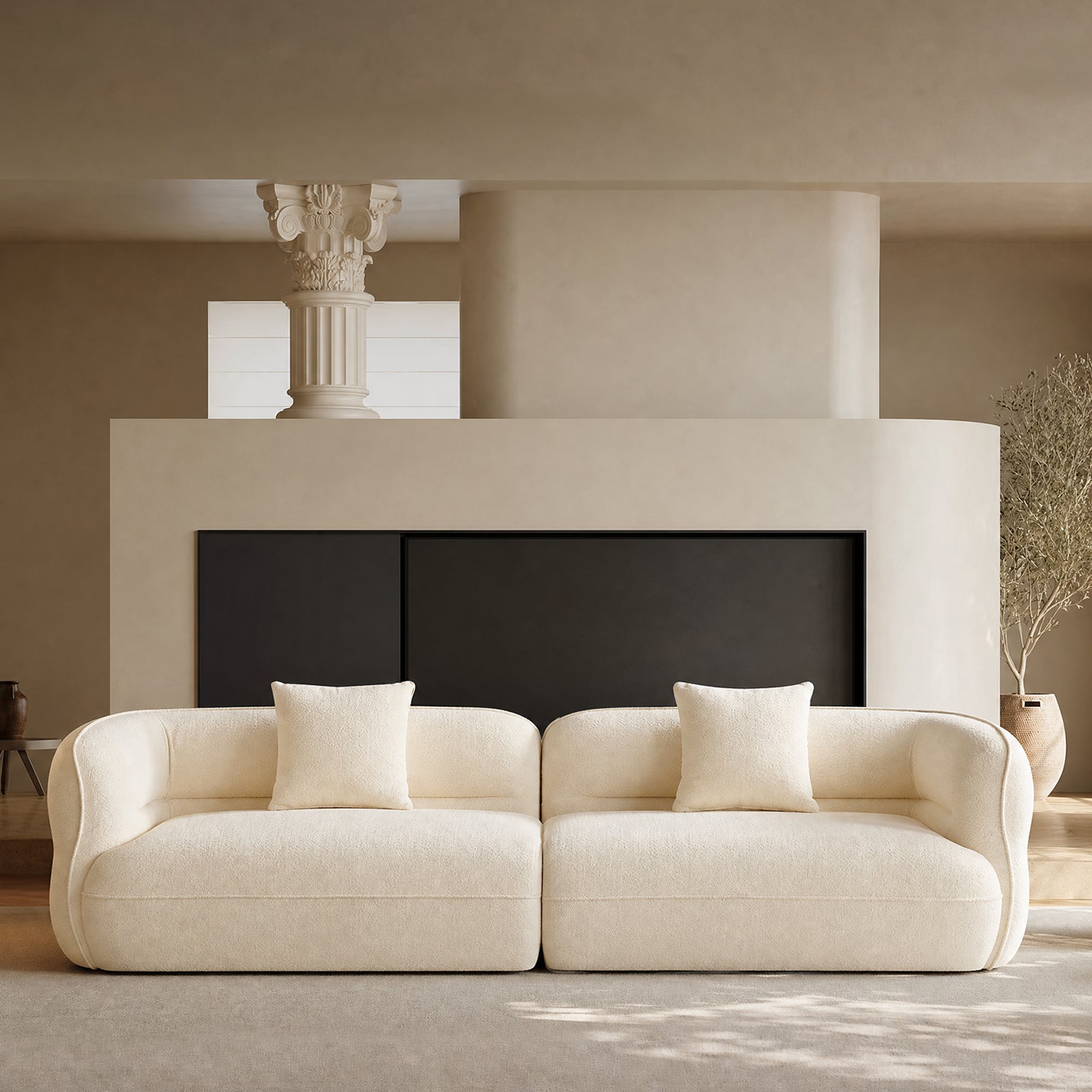 toast sectional sofa, 110.23 inches long, arc armrest anti-collision design, teddy velvet fabric, solid wood frame with high density sponge filling, tool-free assembly, includes 2 throw pillows, 2000 lbs weight capacity.