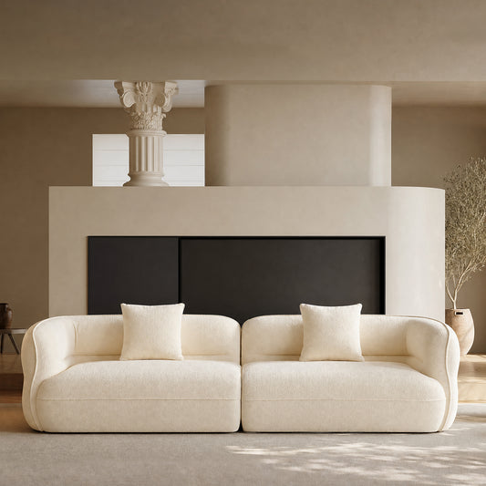 toast sectional sofa, 110.23 inches long, arc armrest anti-collision design, teddy velvet fabric, solid wood frame with high density sponge filling, tool-free assembly, includes 2 throw pillows, 2000 lbs weight capacity.