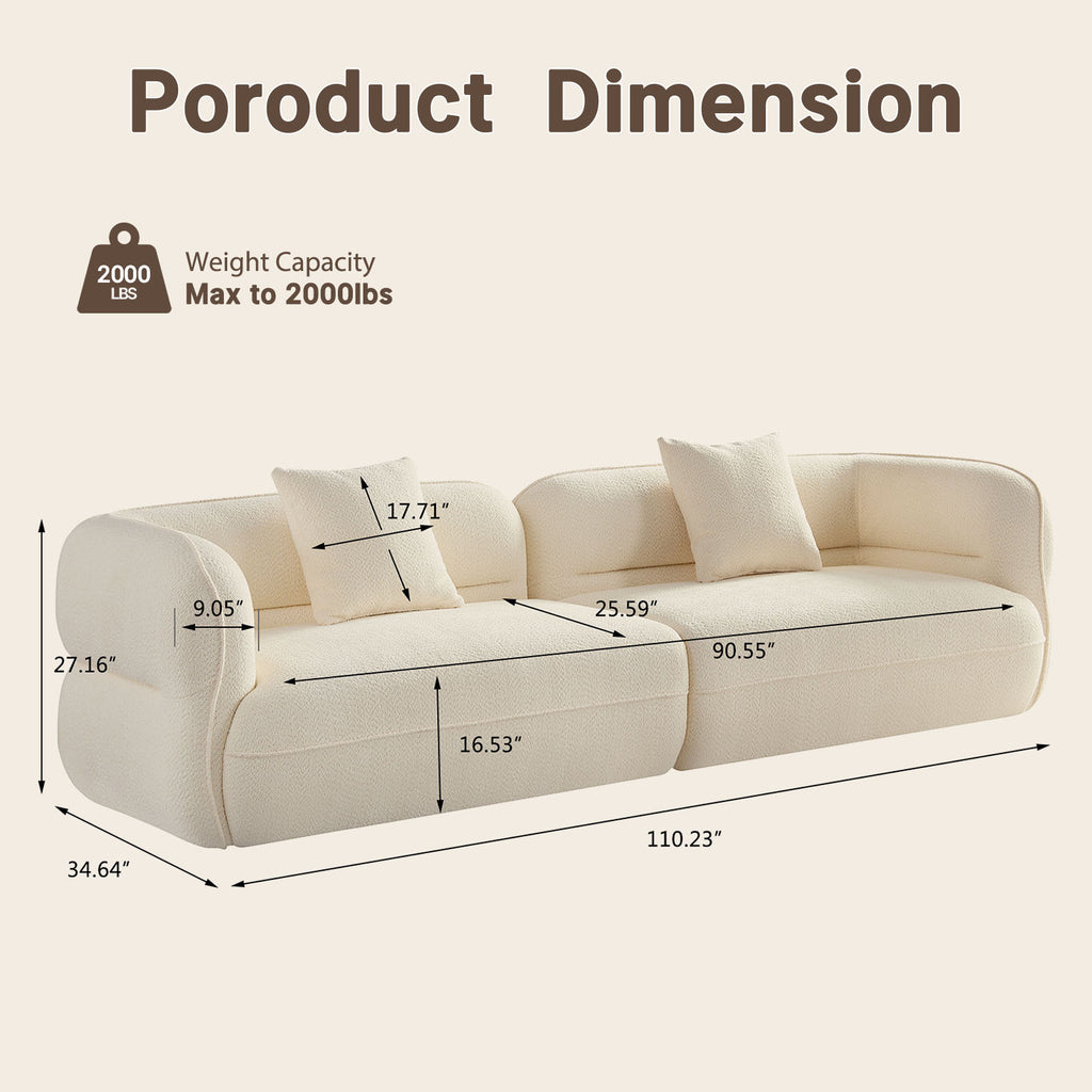 toast sectional sofa, 110.23 inches long, arc armrest anti-collision design, teddy velvet fabric, solid wood frame with high density sponge filling, tool-free assembly, includes 2 throw pillows, 2000 lbs weight capacity.