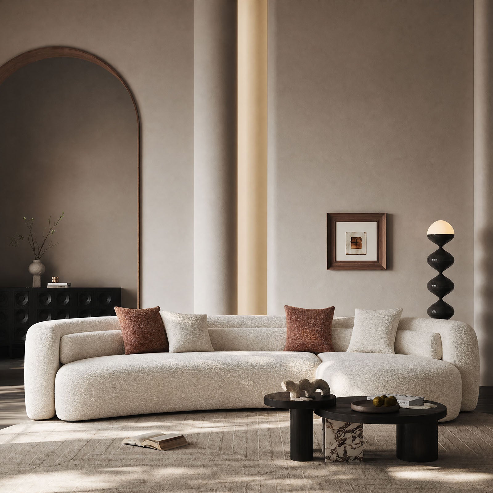132" Sculptural Irregular Shape Curved Boucle Sectional Sofa | L-Shape Modular Chaise with Light Beige, Minimalist Comfy Couch for Living Room & Apartment