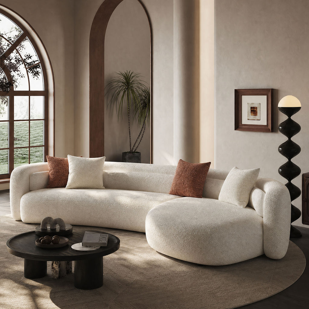 132" Sculptural Irregular Shape Curved Boucle Sectional Sofa | L-Shape Modular Chaise with Light Beige, Minimalist Comfy Couch for Living Room & Apartment