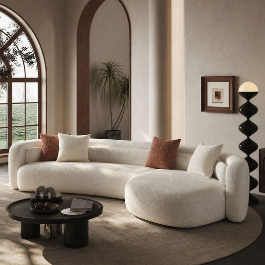 132" Sculptural Irregular Shape Curved Boucle Sectional Sofa | L-Shape Modular Chaise with Light Beige, Minimalist Comfy Couch for Living Room & Apartment
