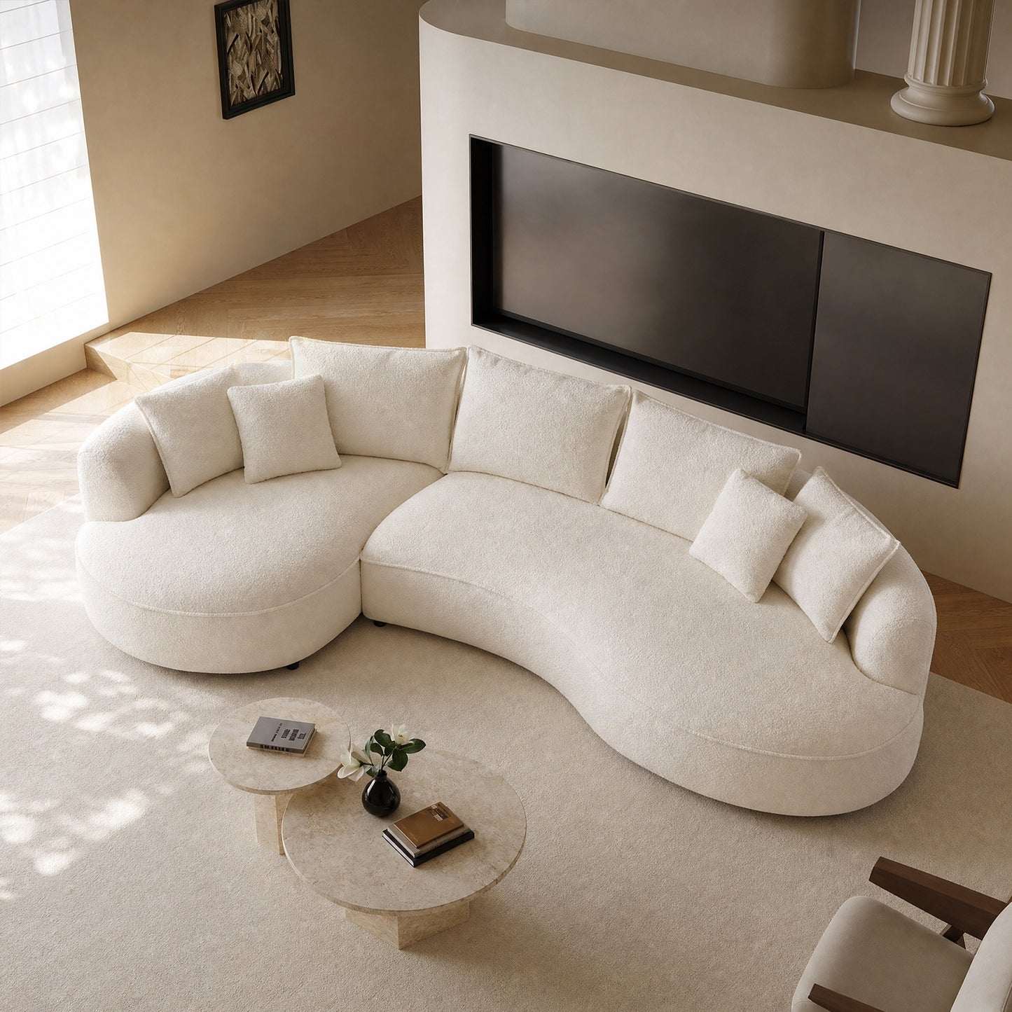 Combi modular sofa – 124.8 inches white curved shape, boucle fabric sofa, weighing 2000 pounds, high resilience and durable sofa, comfortable deep-seated sofa, easy to assemble