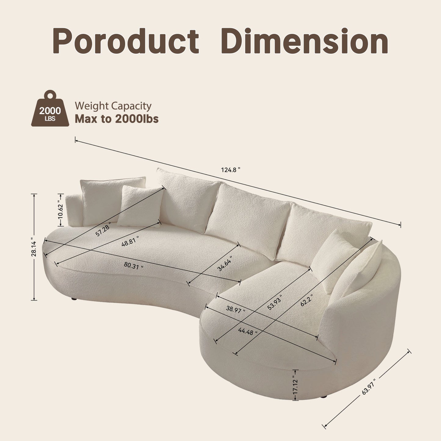 Combi modular sofa – 124.8 inches white curved shape, boucle fabric sofa, weighing 2000 pounds, high resilience and durable sofa, comfortable deep-seated sofa, easy to assemble