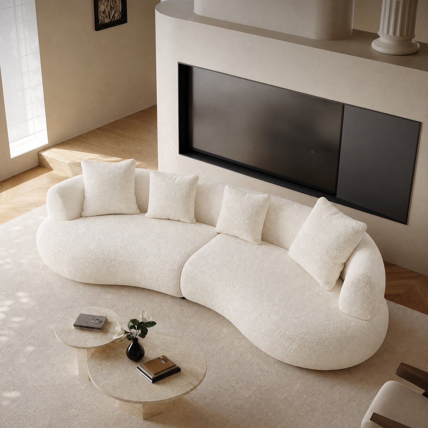 White curved modular sectional sofa - 102 inches, equipped with four cushions, solid wood frame,boucle fabric, maximum load capacity of 2000 pounds, suitable for various scenarios such as living room, apartment, bedroom, etc