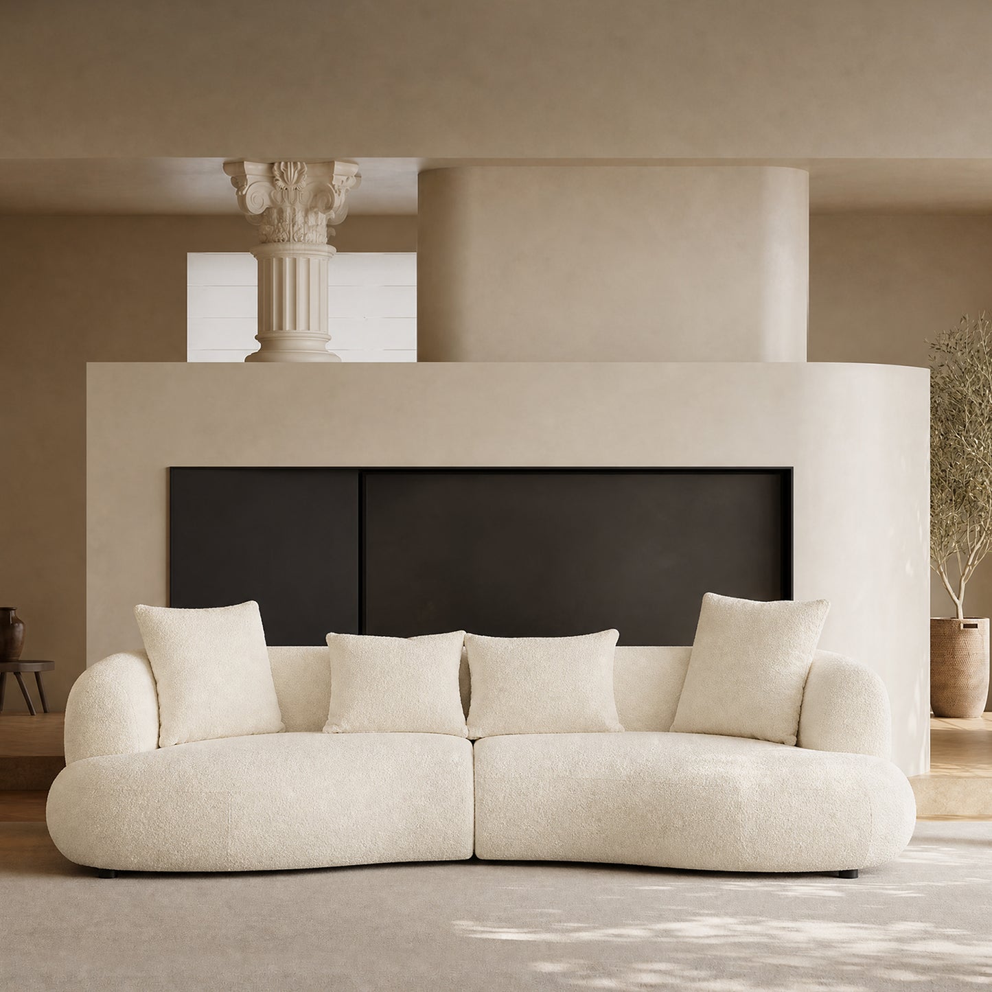 White curved modular sectional sofa - 102 inches, equipped with four cushions, solid wood frame,boucle fabric, maximum load capacity of 2000 pounds, suitable for various scenarios such as living room, apartment, bedroom, etc