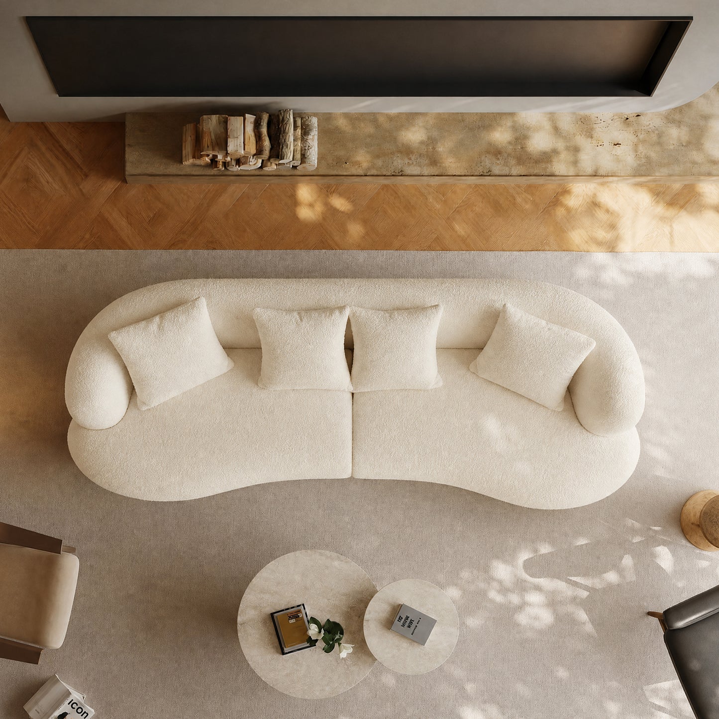 White curved modular sectional sofa - 102 inches, equipped with four cushions, solid wood frame,boucle fabric, maximum load capacity of 2000 pounds, suitable for various scenarios such as living room, apartment, bedroom, etc