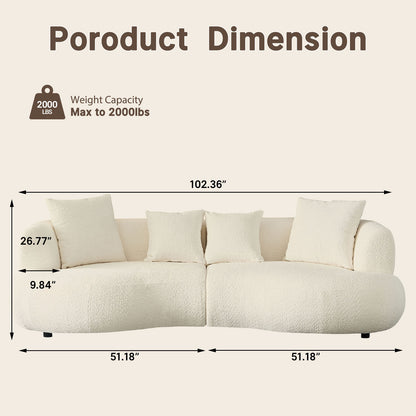 White curved modular sectional sofa - 102 inches, equipped with four cushions, solid wood frame,boucle fabric, maximum load capacity of 2000 pounds, suitable for various scenarios such as living room, apartment, bedroom, etc