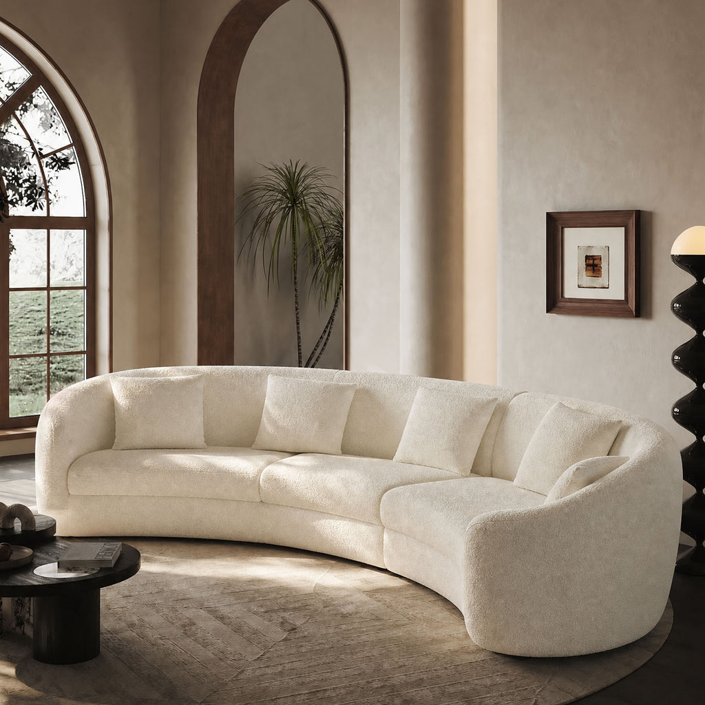 189" Classic Curved Tight Back Sofa | Boucle Upholstered Comfy Couch with 4 Pillows, Sloped Armrests, Mid-Century Modern White Sofa for Large Living Room & Villa