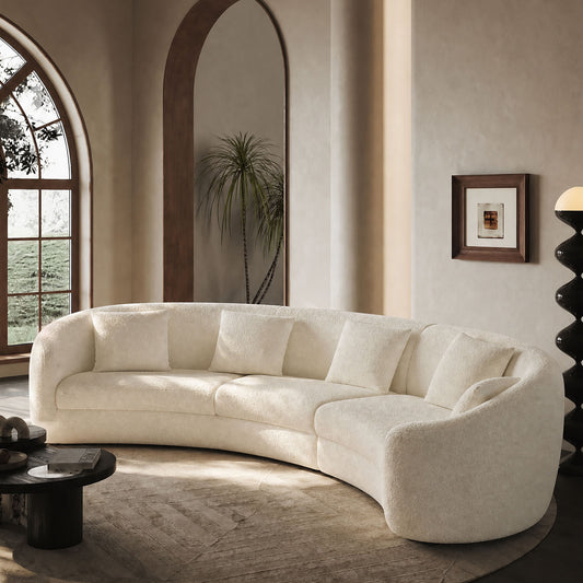 189" Classic Curved Tight Back Sofa | Boucle Upholstered Comfy Couch with 4 Pillows, Sloped Armrests, Mid-Century Modern White Sofa for Large Living Room & Villa