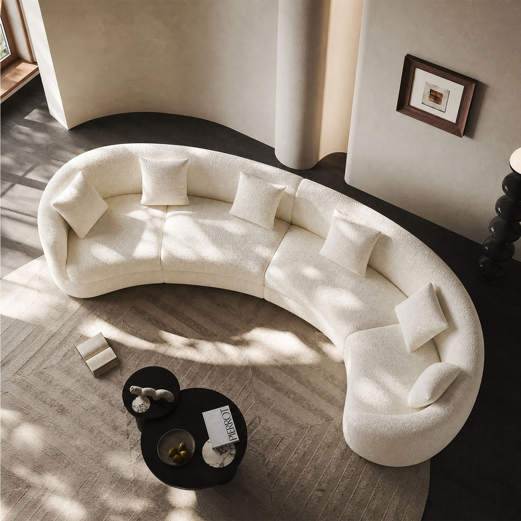 189" Classic Curved Tight Back Sofa | Boucle Upholstered Comfy Couch with 4 Pillows, Sloped Armrests, Mid-Century Modern White Sofa for Large Living Room & Villa