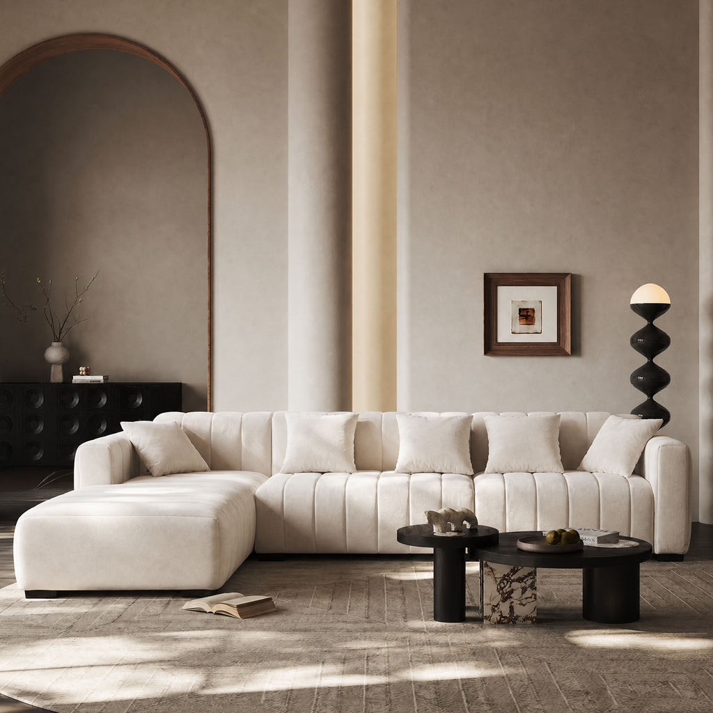 139" Oversized Channel Tufted Velvet Sofa | Left-Facing Chaise Modular Sofa, Beige – Retro Modern Couch for Living Room, Apartment, Lounge