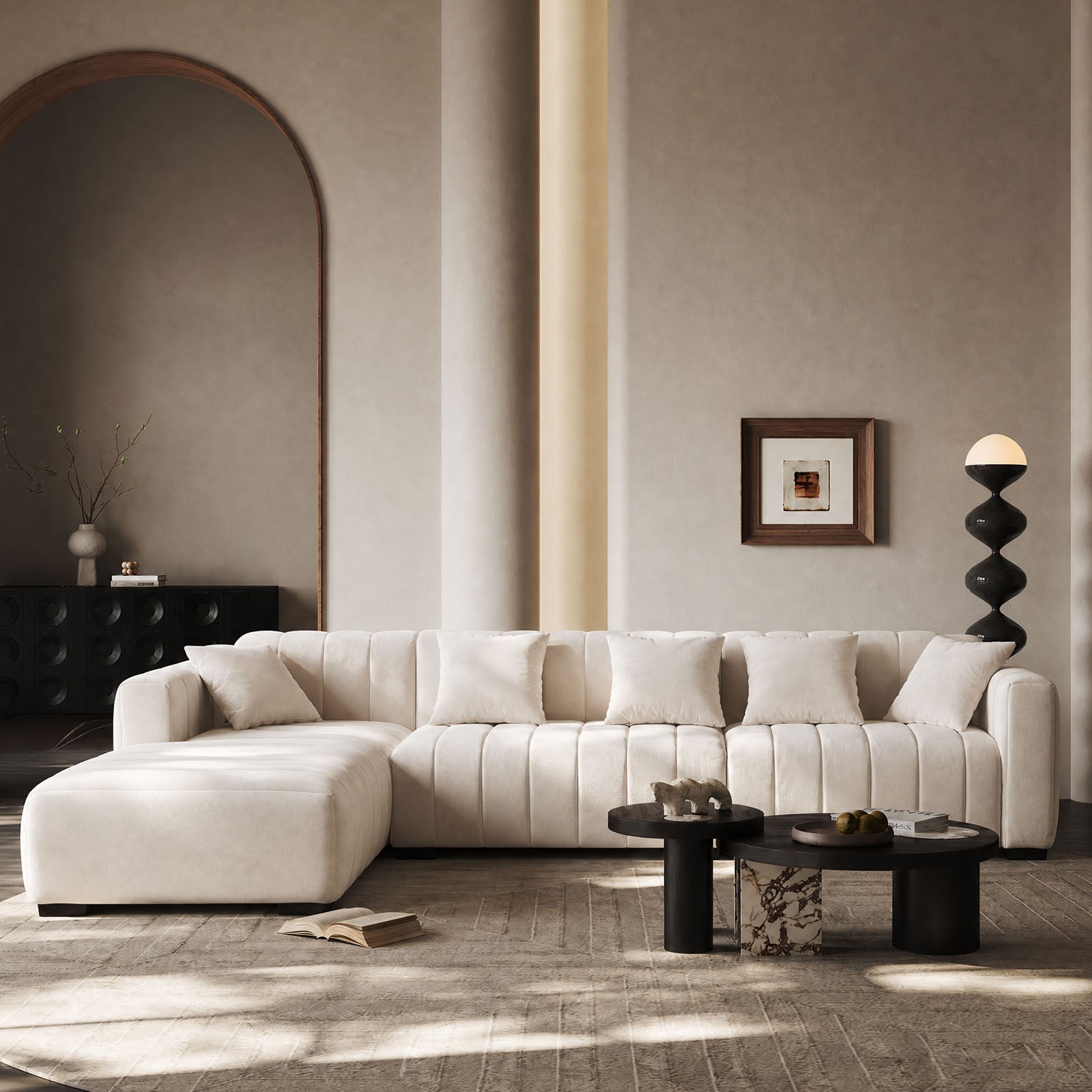 139" Oversized Channel Tufted Velvet Sofa | Left-Facing Chaise Modular Sofa, Beige – Retro Modern Couch for Living Room, Apartment, Lounge