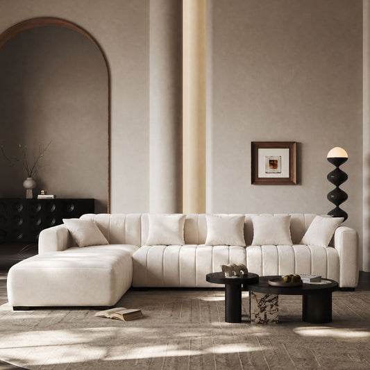 139" Oversized Channel Tufted Velvet Sofa | Left-Facing Chaise Modular Sofa, Beige – Retro Modern Couch for Living Room, Apartment, Lounge