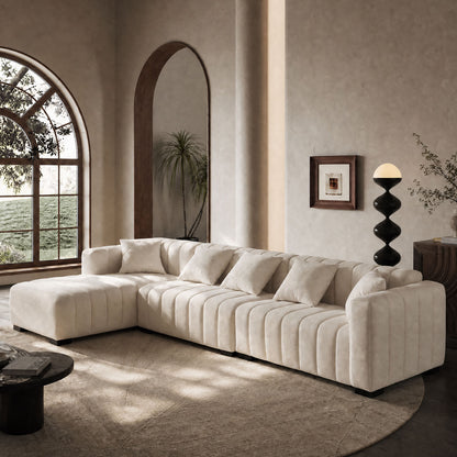 139" Oversized Channel Tufted Velvet Sofa | Left-Facing Chaise Modular Sofa, Beige – Retro Modern Couch for Living Room, Apartment, Lounge