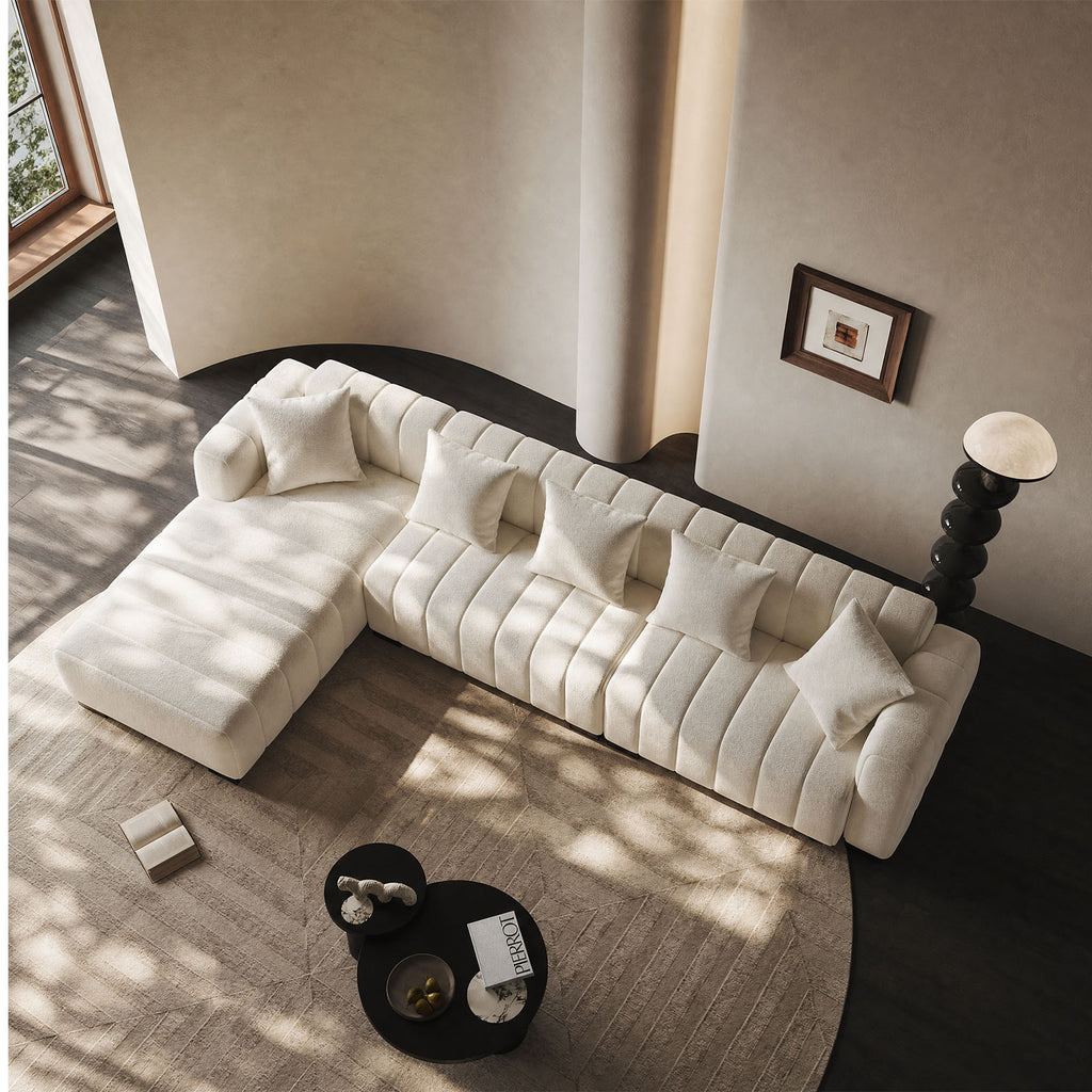 139" Oversized Channel Tufted Velvet Sofa | Left-Facing Chaise Modular Sofa, Beige – Retro Modern Couch for Living Room, Apartment, Lounge