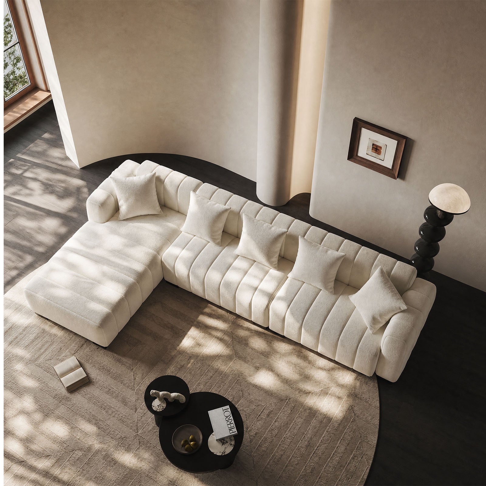 139" Oversized Channel Tufted Velvet Sofa | Left-Facing Chaise Modular Sofa, Beige – Retro Modern Couch for Living Room, Apartment, Lounge