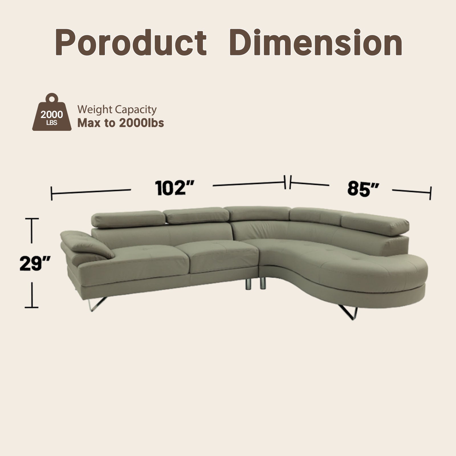 102" L-Shaped Faux Leather Sectional Sofa with Flip Up Headrests | Light Grey, Left Sofa + Right Chaise, High-Density Foam Couch for Living Room