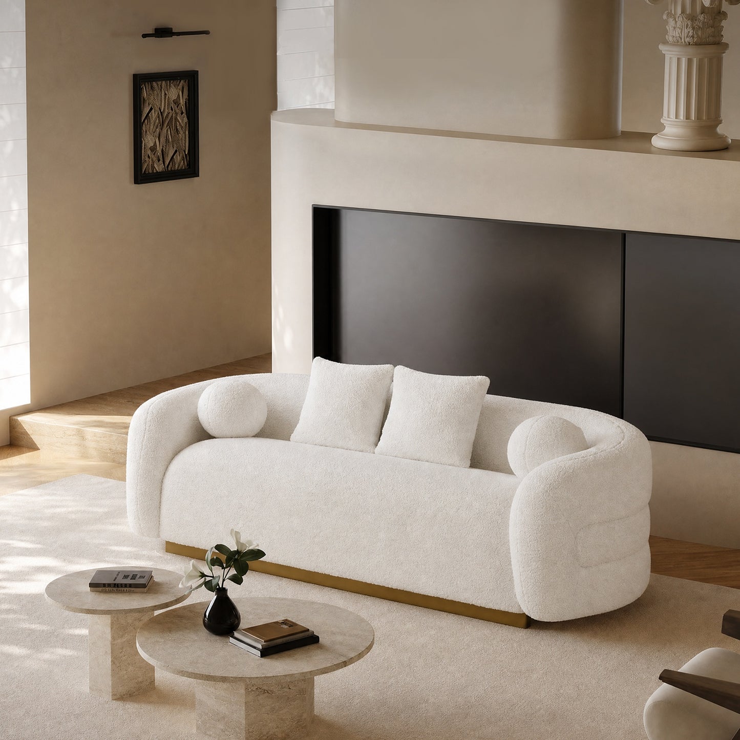92.5-inch three-seater sofa with cushions, fabric rings, wooden frame, comfortable sofa bed for living room or bedroom, white, with a load capacity of 2000 pounds.